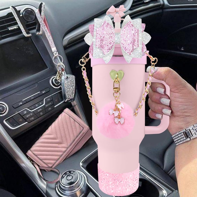 SEMATA Bling Accessories for Stanley Cup 40oz & 30oz Tumbler Including Silicone Cute Bow Straw Topper Cover, Silicone Boot for Stanley Cup,Leather Water Bottle Handle Strap, Charms(Cherry Blossom) - Image 5
